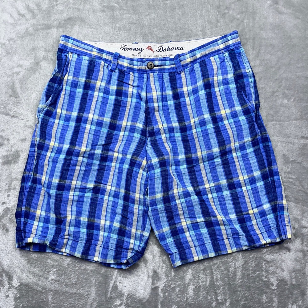 Tommy Bahama Plaid Shorts Mens‎ Sz 33 Blue Linen Blend Casual Beach Summer Boho